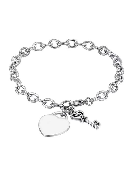 Shiny Heart & Key Charm White Gold Toggle Bracelet