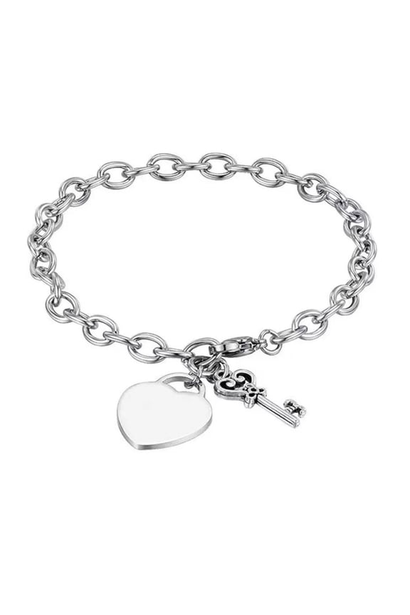 Shiny Heart & Key Charm White Gold Toggle Bracelet