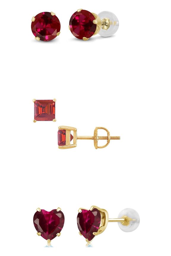 18k Yellow Gold 1/4Ct 6mm Created Ruby 3 Pair Round, Square and Heart Stud Earrings Plated