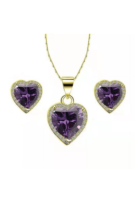 18K Yellow Gold 1 Carat Heart Amethyst Plated Necklace Set by Paris Jewelry