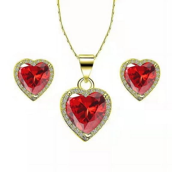 18k Yellow Gold 1 Ct Created Ruby Heart Plated Full Set Necklace by Paris Jewelry