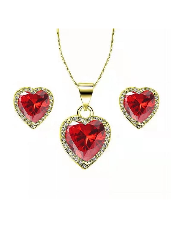 18k Yellow Gold 1 Ct Created Ruby Heart Plated Full Set Necklace by Paris Jewelry