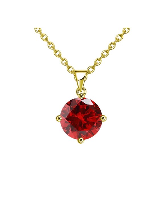 18k Yellow Gold 2 Ct Created Ruby Round Stud Necklace, 18 inch Gift for Women Plated by Paris Jewelry