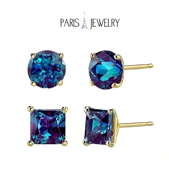 18k Yellow Gold 2 Pair Alexandrite 6mm Round & Princess Stud Earrings for Women Plated by Paris Jewelry