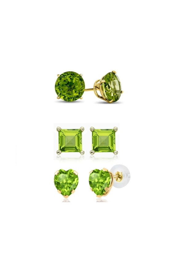18k Yellow Gold 4Cttw Created Peridot 3 Pair Round, Square And Heart Stud Earrings Plated