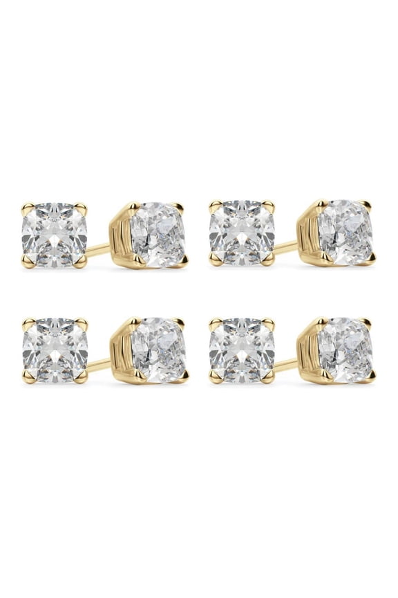 18k Yellow Gold 4mm 3Ct Cushion Cut White Sapphire Set Of Four Stud Earrings Plated