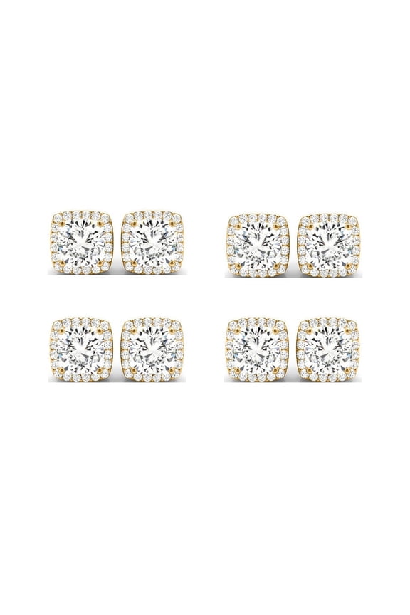 18k Yellow Gold 6mm 3Ct Cushion Cut White Sapphire Set Of Four Halo Stud Earrings Plated