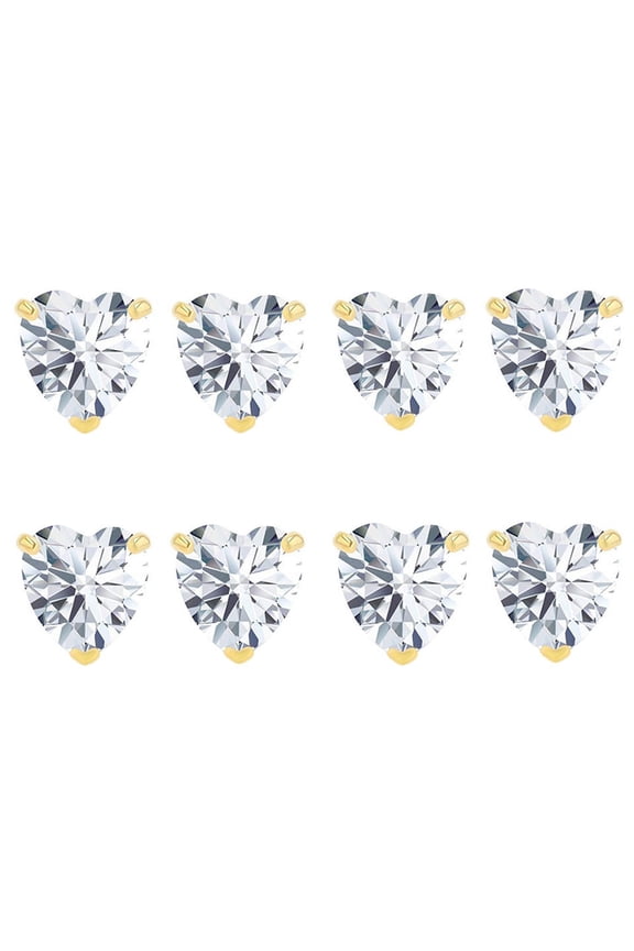 18k Yellow Gold 4mm 4Ct Heart White Sapphire Set Of Four Stud Earrings Plated