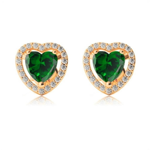 18k Yellow Gold Halo Heart Emerald Stud Earrings Luxury Jewelry Gift for Her Women's Plated by Paris Jewelry