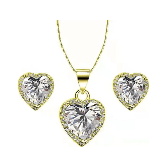 18k Yellow Gold Heart 4 Ct Created White Sapphire Full Set Necklace 18 inch Women Plated by Paris Jewelry