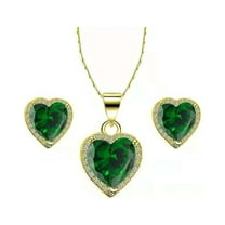 Paris Jewelry 18k Yellow Gold Plated Heart 4 Carat Created Emerald Full Set Necklace, Earrings 18 Inch