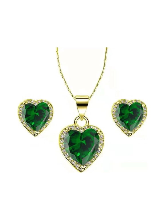 18k Yellow Gold Plated Heart 4 Carat Created Emerald Full Set Necklace, Earrings 18 Inch