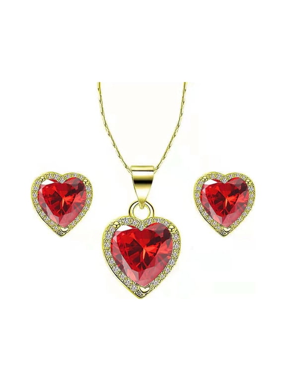18k Yellow Gold Plated Heart 4 Carat Created Ruby Full Set Necklace, Earrings 18 Inch