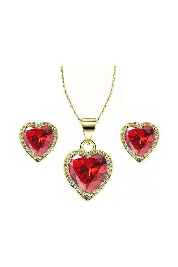 18k Yellow Gold Plated Heart 4 Carat Created Ruby Full Set Necklace, Earrings 18 Inch