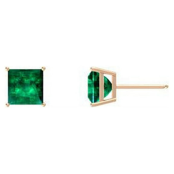 Paris Jewelry 2 Ct Princess Cut Emerald Stud Earrings, Rose Gold