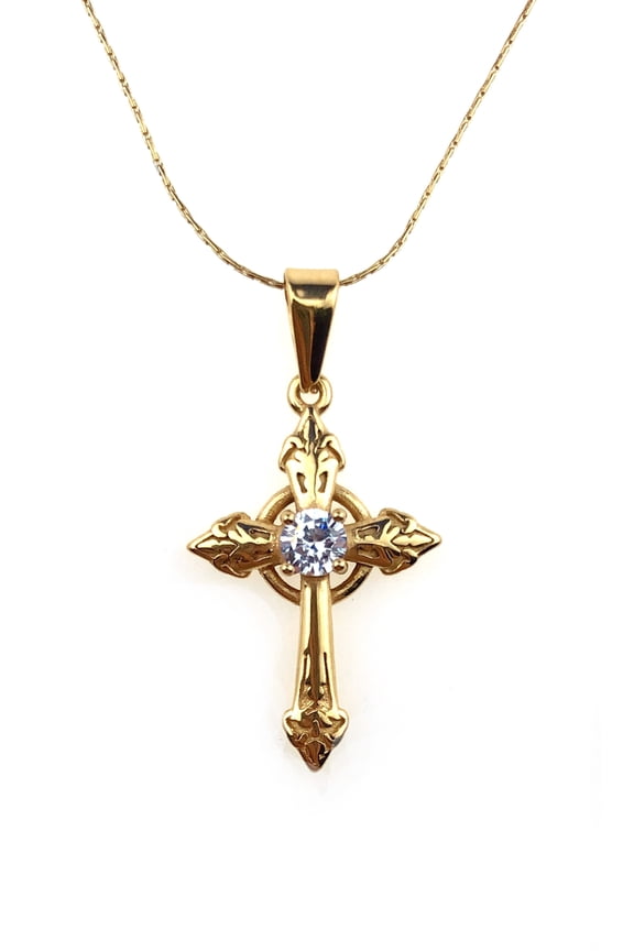 24K Yellow Gold 1 ct Created Diamond Cross Stud Necklace Plated 18 inch plated