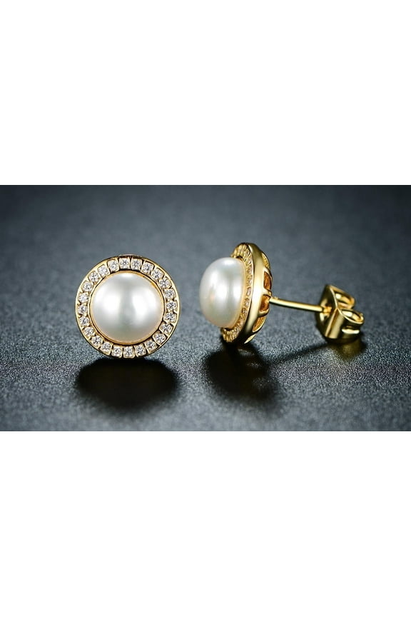 24K Yellow Gold White Freshwater Pearl Halo Round 3 CT Stud Earrings Gift for Women plated
