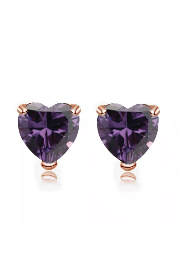 24k Rose Gold 4 Ct Heart Created Amethyst Stud Earrings Plated