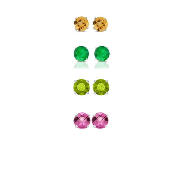 Paris Jewelry 24k White Gold 3Ct Created Citrine, Emerald, Peridot and Pink Sapphire 4 Pair Round Stud Earrings Plated