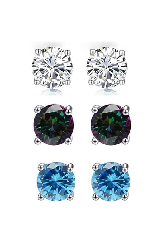 24k White Gold Plated 1Ct Created White Sapphire, Mystic Topaz & Blue Topaz 3 Pair Round Stud Earrings