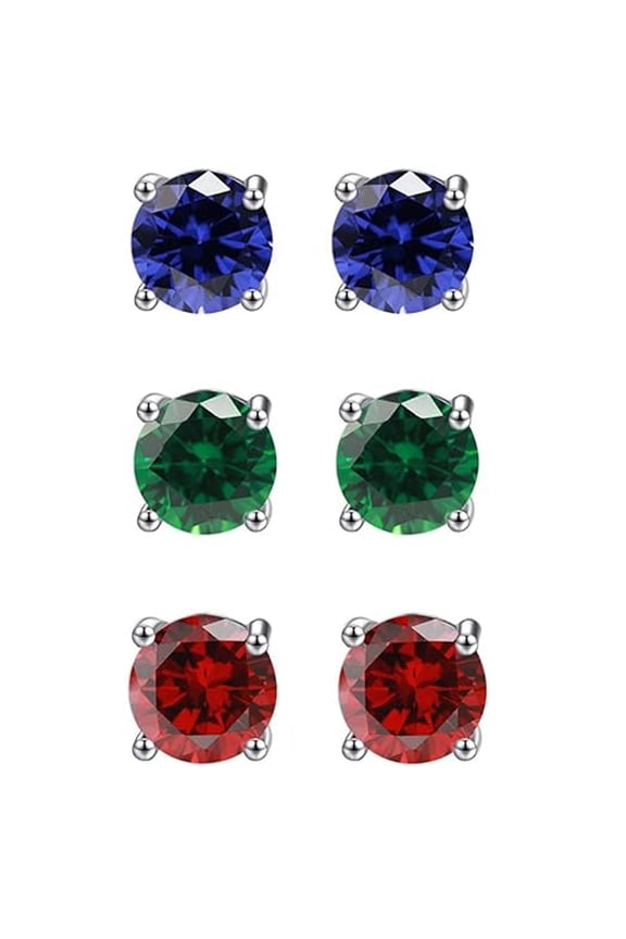 24k White Gold Plated 2Ct Created Blue Sapphire, Emerald & Ruby 3 Pair Round Stud Earrings