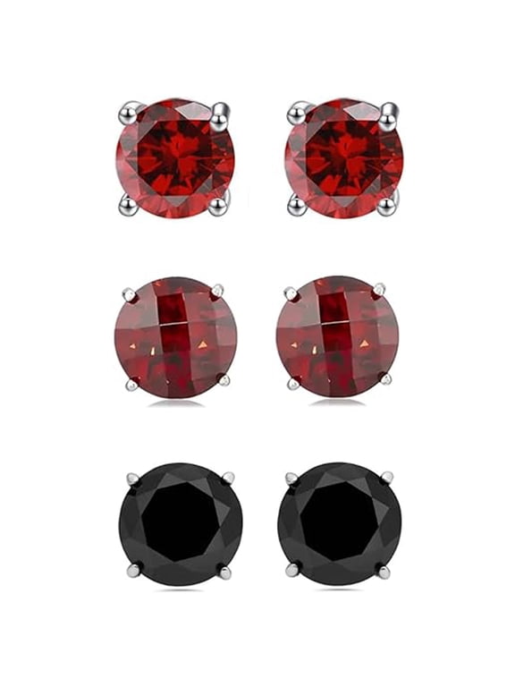 24k White Gold Plated 2Ct Created Ruby, Garnet & Black Sapphire 3 Pair Round Stud Earrings
