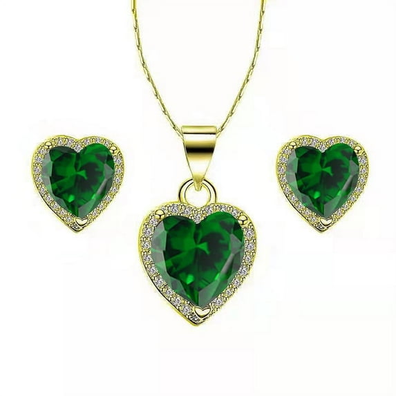 24k Yellow Gold 1 Carat Heart Plated Emerald Full Set Necklace by Paris Jewelry