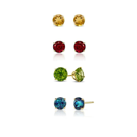Paris Jewelry 24k Yellow Gold 1Ct Created Citrine, Garnet, Peridot and Alexandrite 4 Pair Round Stud Earrings Plated