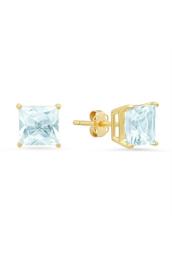 24k Yellow Gold 2 Carat Aquamarine Princess Cut Stud Earrings Plated Women