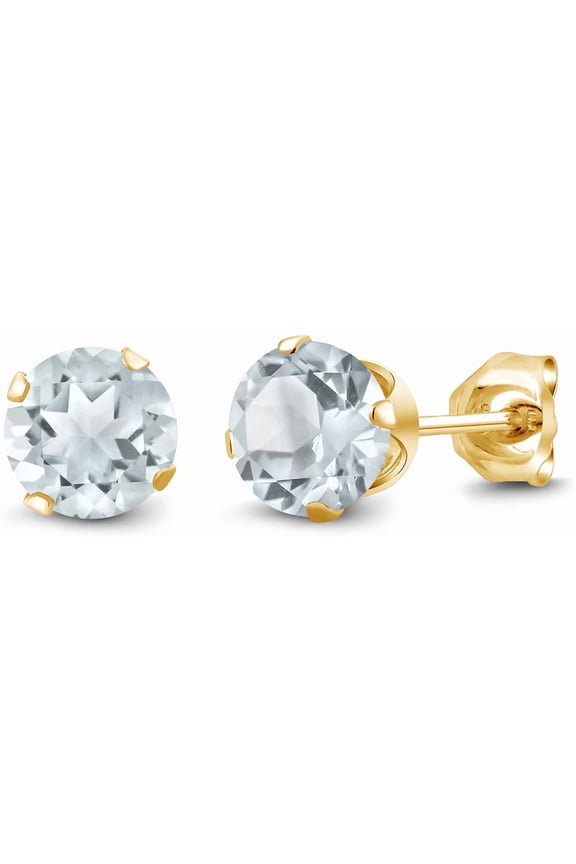 2 Ct Created Aquamarine Round Stud Earrings, 24k Yellow Gold Jewelry for Women plated