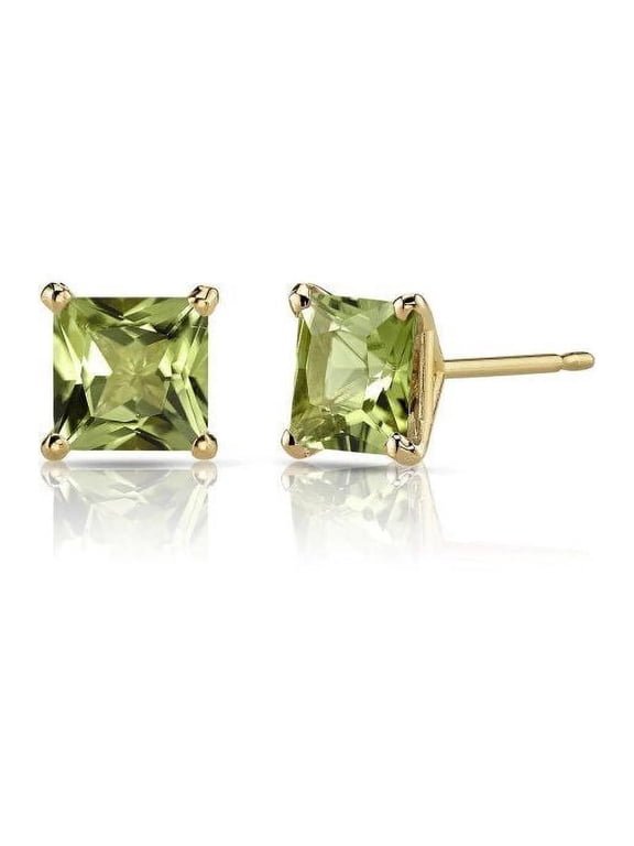 2 Ct Peridot Princess Cut Stud Earrings, 24k Yellow Gold Plated Jewelry for Women