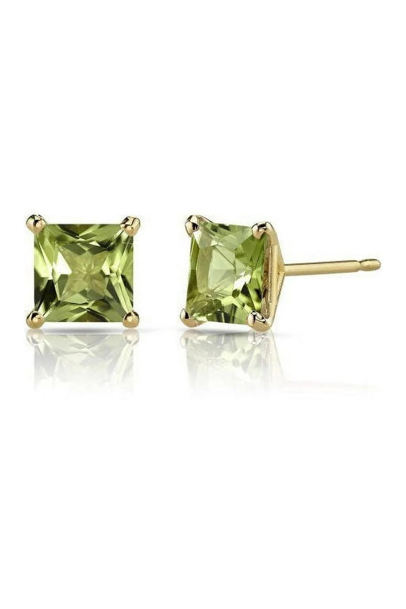 2 Ct Peridot Princess Cut Stud Earrings, 24k Yellow Gold Plated Jewelry for Women