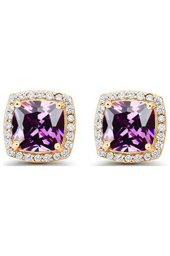 24k Yellow Gold 3Ct Created Halo Princess Cut Amethyst Stud Earrings Plated