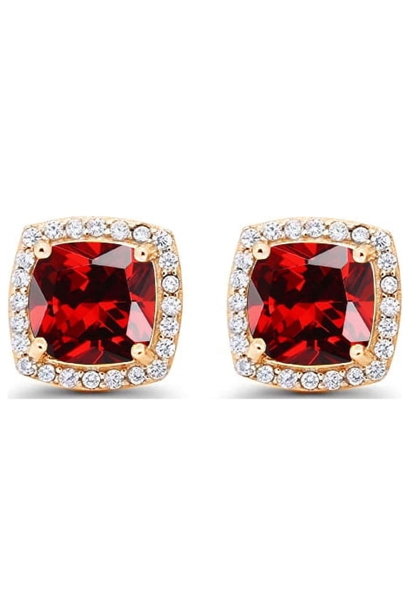 24k Yellow Gold 4 Ct Created Halo Garnet Princess-Cut Plated Stud Earrings by Paris Jewelry