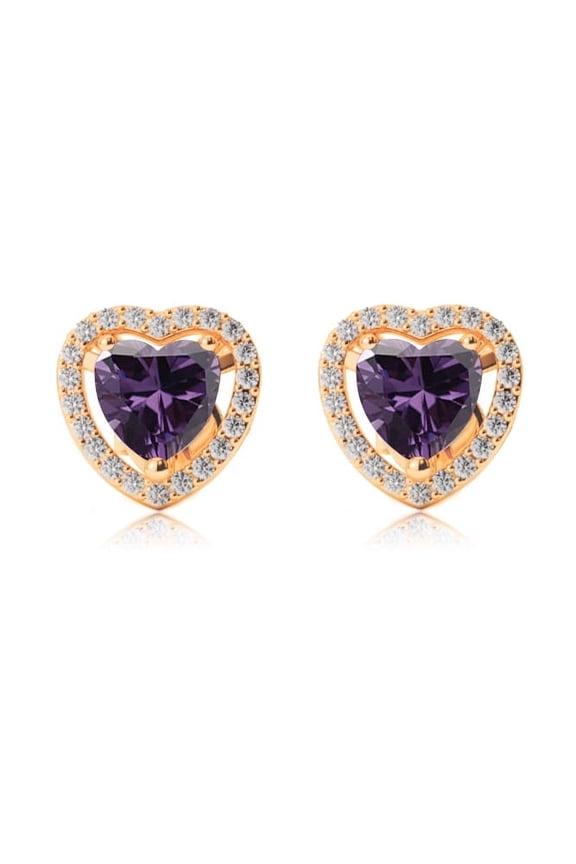 24k Yellow Gold Halo Heart Amethyst Stud Earrings Plated by Paris Jewelry