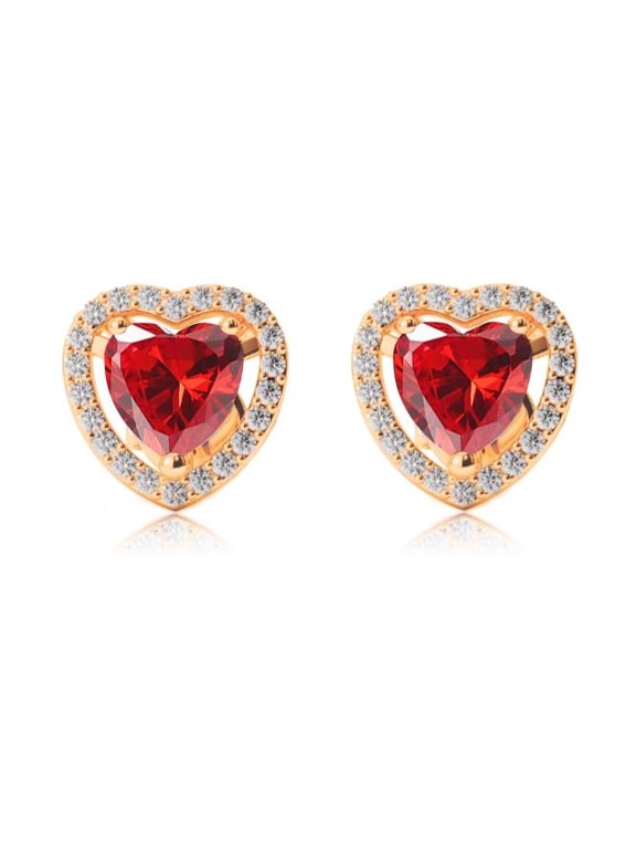 24k Yellow Gold Halo Heart 1 Carat Ruby Stud Earrings Gift for Her Women's Plated by Paris Jewelry