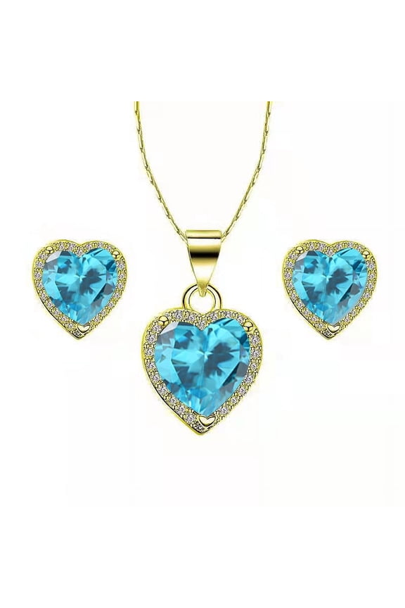 24k Yellow Gold Heart 1/2 Ct Created Blue Topaz Full Set Necklace 18 inch Plated
