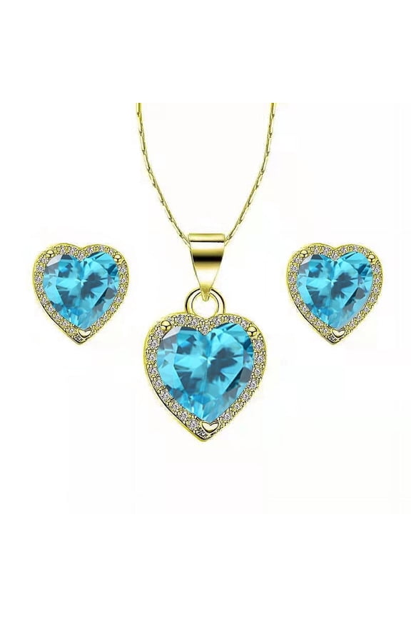 24k Yellow Gold Heart 3 Ct Created Blue Topaz Full Set Necklace 18 inch plated