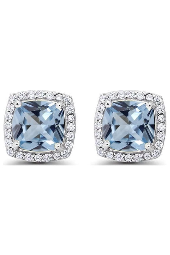 18k White Gold 3 Ct Halo Princess Cut Aquamarine Stud Earrings Plated by Paris Jewelry