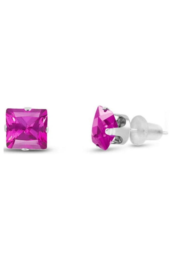 3 Ct Square Cut Pink Sapphire Stud Earrings, 18k White Gold-Plated