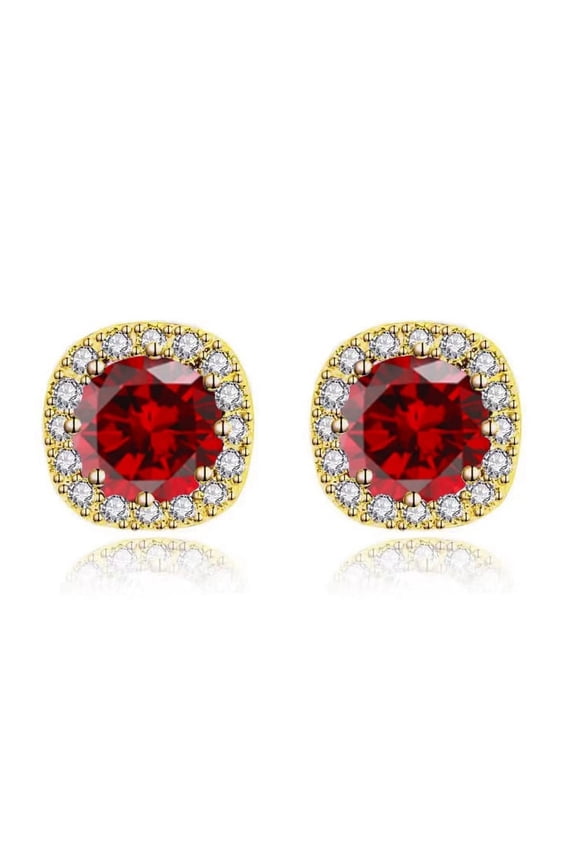 18k Yellow Gold 3Ct Round Created Garnet Halo Stud Earrings Plated by Paris Jewelry