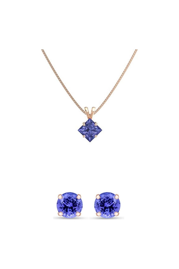 3ct Tanzanite Princess Cut Necklace and Earrings Set, 18-Inch Rose Gold Cable Chain