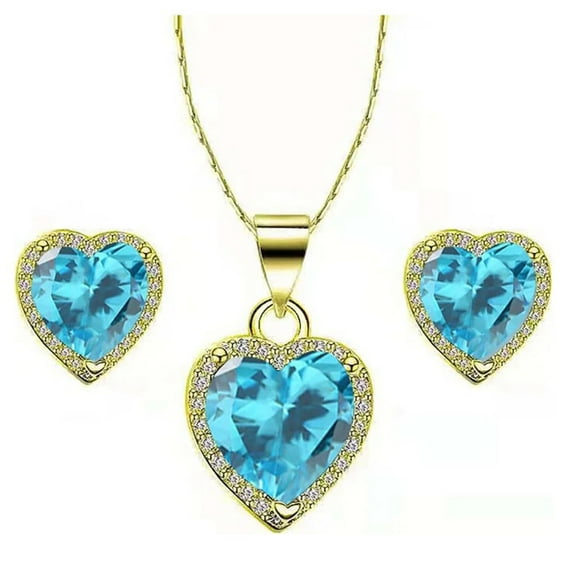 18k Yellow Gold 4 Ct Blue Topaz Heart Necklace, Earrings 18 inch Plated by Paris Jewelry