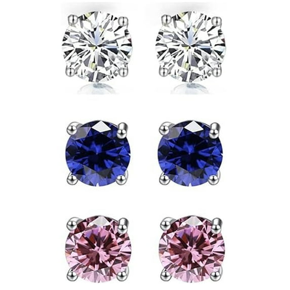 18k White Gold 4 Ct Round White, Blue & Pink Sapphire Stud Earrings 3 Pair for Women Plated by Paris Jewelry