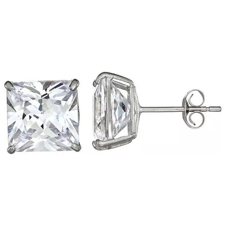 Paris Jewelry Genuine 14k White Gold Square Cubic Zirconia Stud Earrings (6MM) Plated
