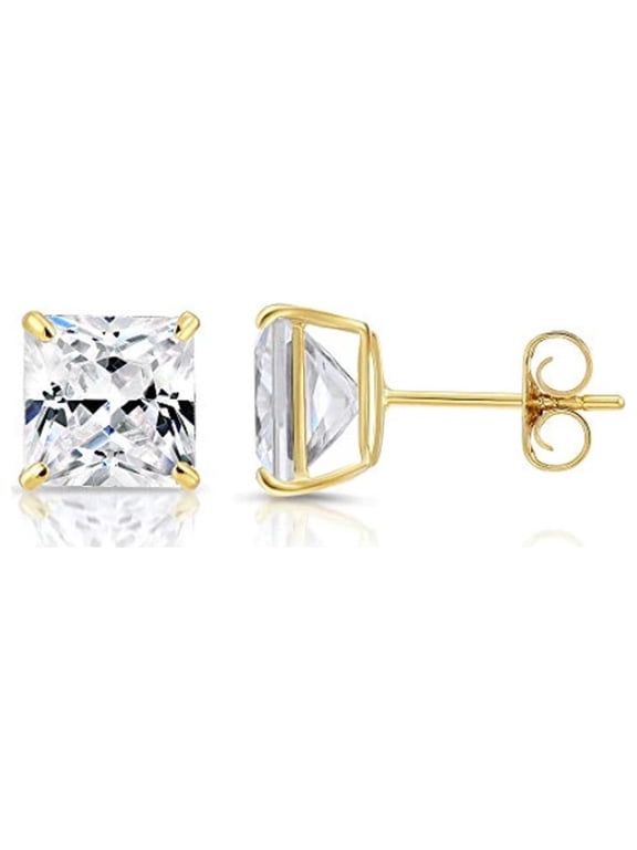Genuine 14k Yellow Gold Square Cubic Zirconia Stud Earrings (6MM) Plated