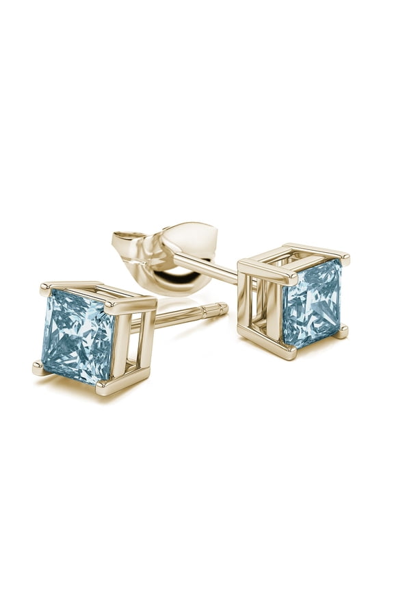 Men|Women 10k Yellow Gold Plated 4 Ct Princess Aquamarine Stud Earrings