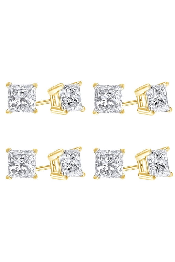 Men|Women 10k Yellow Gold Plated White Sapphire 4 Ct Princess Pack of Four Stud Earrings