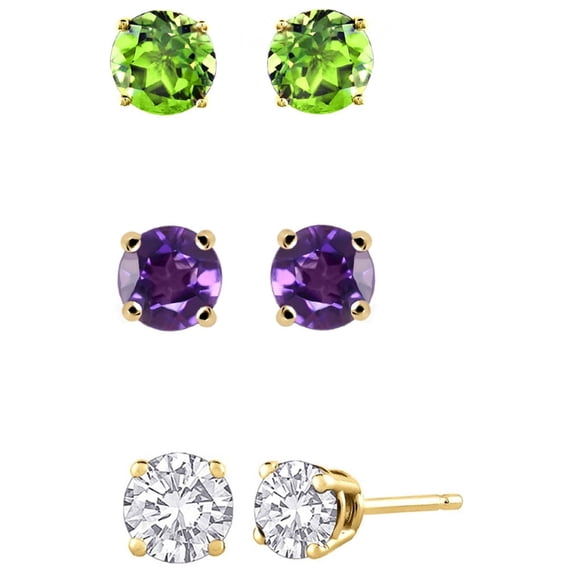 Paris Jewelry Men|Women 24k Yellow Gold Plated 2Ct Created Peridot, Amethyst and White Sapphire 3 Pair Round Stud Earrings
