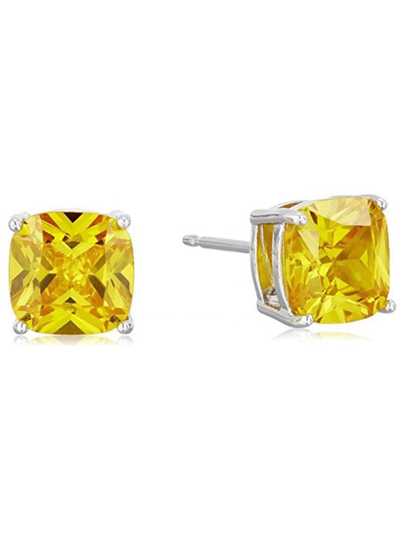 Cushion-Cut 7mm Yellow Cubic Zirconia Stud Earrings, Platinum Jewelry for Women